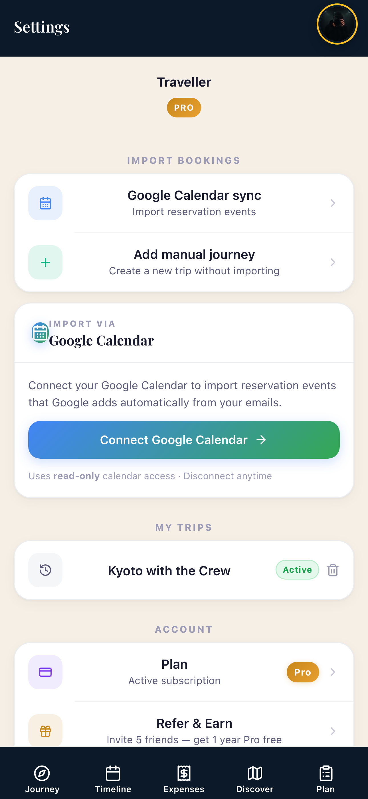 TripTrekr — Google Calendar sync